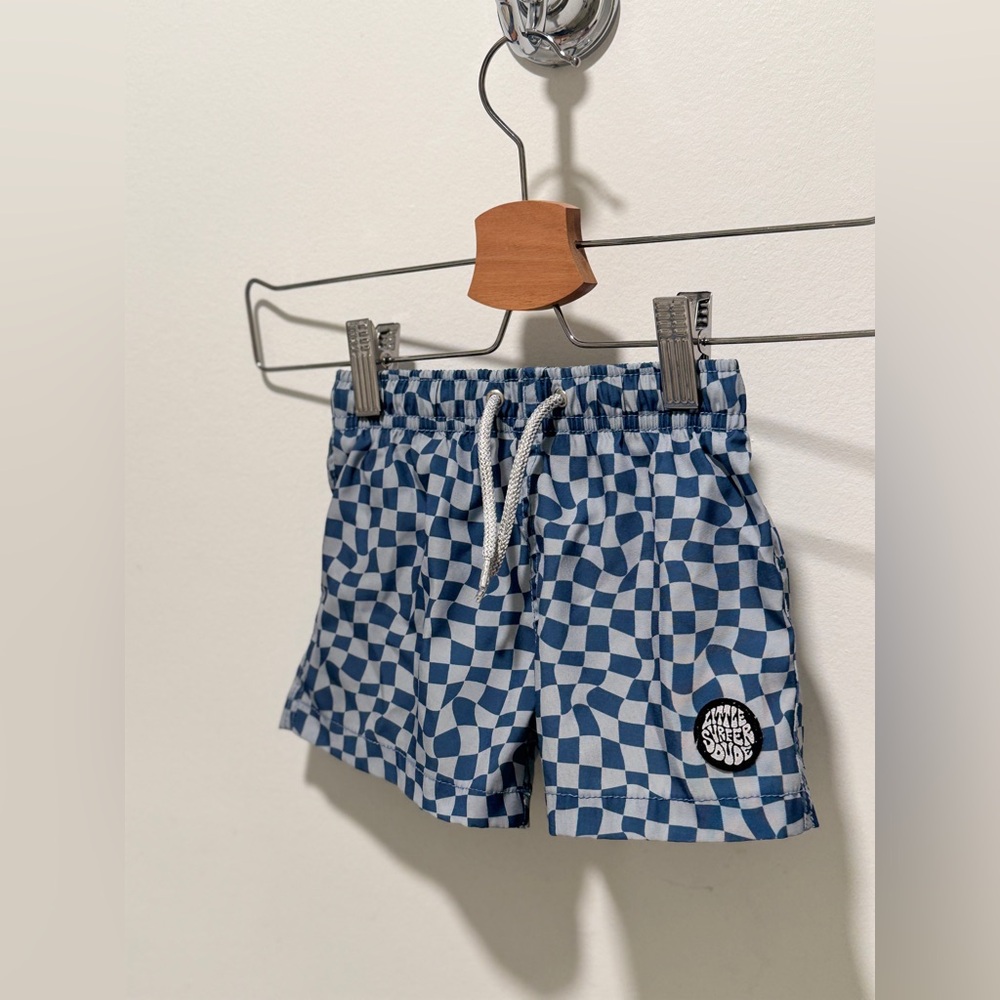 Little Surfer Dude Blue Checkered Swim Trunks